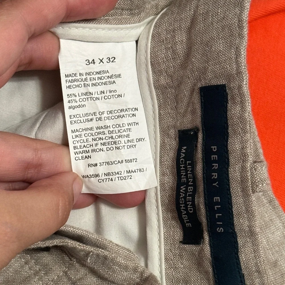 💙 NWT Perry Ellis Tan Linen Blend Chinos Pants Minimalist Coastal Quiet Luxury